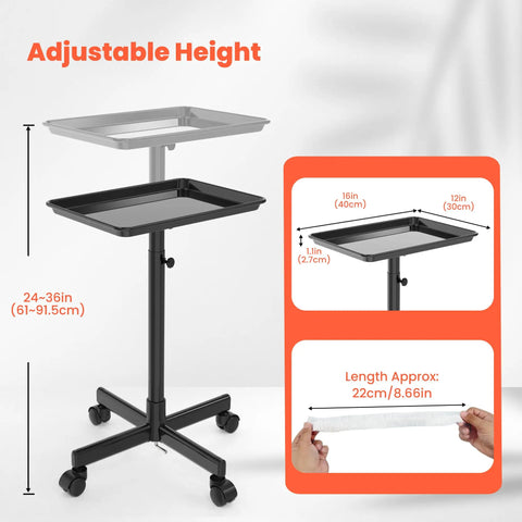 Rolling Salon Cart With Wheels Mobile Styling Station Aluminum Tray Trolley For Salon Essentials Adjustable Height Hairstylist Tray With 10 Disposable Covers Portable And Durable, showing adjustable height and tray dimensions.