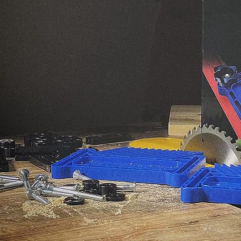 Built Like A Tank Table Saw Featherboard Adjustable Stackable Fence Jig T Slot T Rail Compatible Woodworking Safety Accessory parts and screws on table.