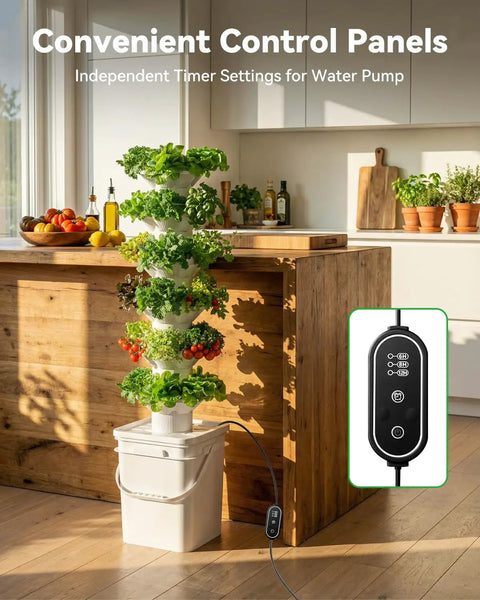 Vertical Hydroponics Garden Tower Kit With Six Levels And 36 Pods for indoor growing next to kitchen counter.