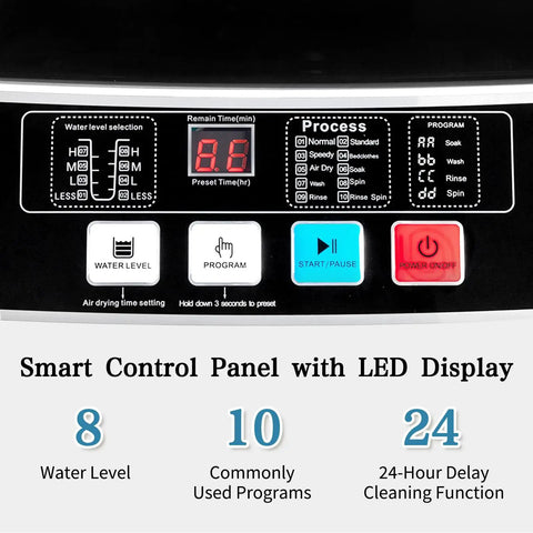 Smart control panel of Fully Automatic Portable Washing Machine With Built In Drain Pump And Hands Free Spin Cycle displays settings.