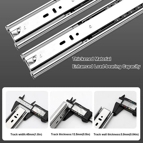 Rock Solid Premium Soft Close Drawer Slides Full Extension Side Mount Ball Bearing Runners With Easy Bolt Install Kit For Kitchen Cabinets And Toolboxes Silver 45 Cm close-up view showing measurement details of track dimensions.