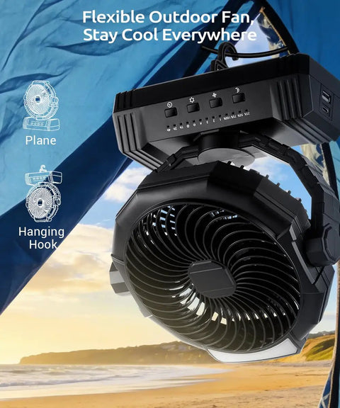 Portable Camping Fan With Lights And 20000mAh Rechargeable Battery, USB Powered, hanging in beach tent with ocean view