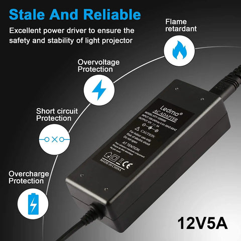 12 Volt LED Strip Power Supply 5 Amp 60 Watt Converter with safety features and 5.5x2.1mm DC plug for DIY lighting