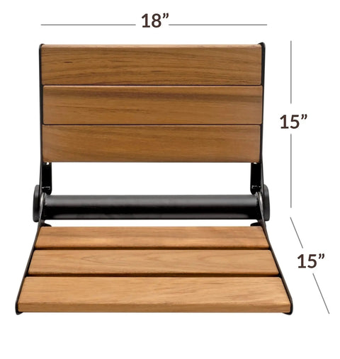 18 Inch Folding Teak Shower Bench Seat in Black, ADA Inspired Accessible Design, clear coat protected, wall mounted