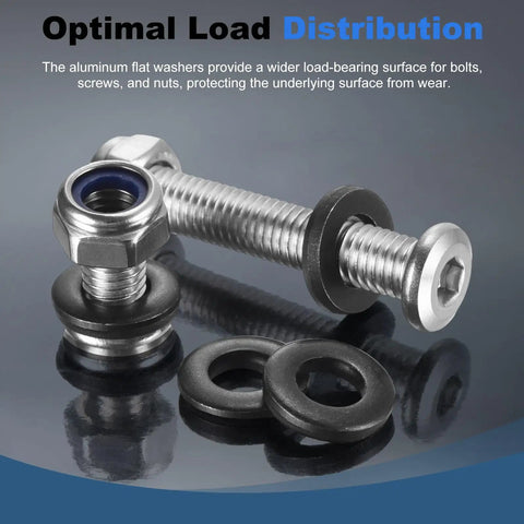 Heavy Duty Carbon Steel Flat Washers, 20 Piece Pack, M10 Black Oxidized Grade 8.8 Rings for bolts and nuts on gray background.