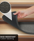Close-up of Non Slip Carpet Stair Treads Set Of 15 In Gray 8 By 27 Inches Rubber-Backed For Superior Grip and Easy Install on stairs.