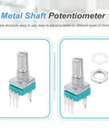RK097N B5K 3Pin sealed linear rotary potentiometer, 15mm knurled shaft, metal and plastic, dual view with mounting washer and nut