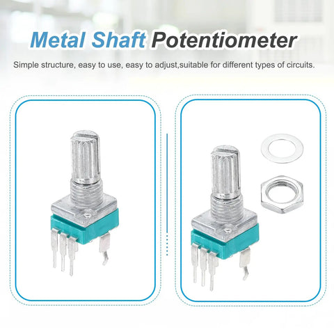 RK097N B5K 3Pin sealed linear rotary potentiometer, 15mm knurled shaft, metal and plastic, dual view with mounting washer and nut