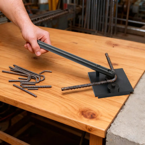 Heavy Duty Manual Rebar Bender, Portable Hand Held Steel Bar Bending Tool For 180 Degree Curve in use on wooden table.