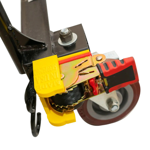 Close-up of Adjustable Maintenance Free Lightweight Moving System Dolly wheel and strap mechanism in 5 inch caster