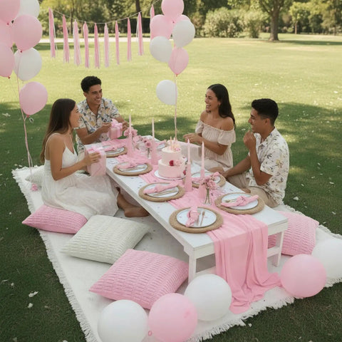 Extra Large Boho Picnic Blanket Set With Pink Table Runner 91 By 71 Inches Includes Six Pillow Covers And Six Napkins outdoors