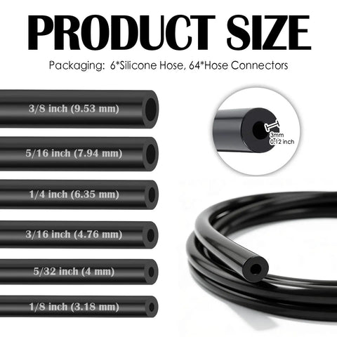 Awesome 6 Feet Long Premium Silicone Vacuum Hoses Kit For Auto Engines With 1/8 To 3/8 Inch Sizes And A Full Set Of 64 Fittings Connectors For Car Repairs Mods, black hoses