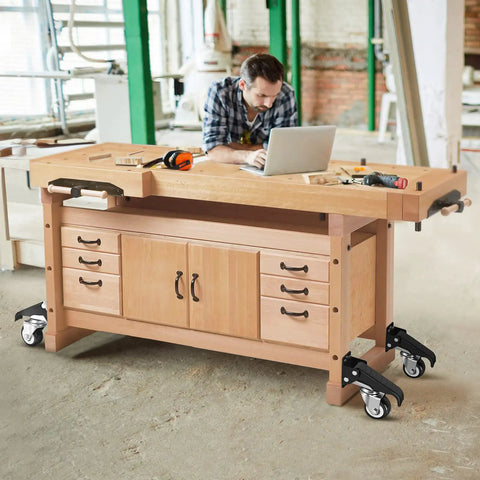 Built Tough Retractable Workbench Caster Kit Moves Heavy Shop Load With Zero Sweat Smart Step Brakes on a wooden workbench.