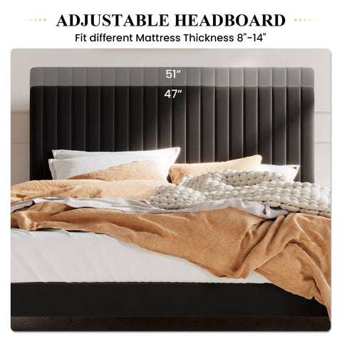 Queen Upholstered Platform Bed Frame With Adjustable Headboard Built Heavy Duty Featuring Dead Silent Wooden Slats For Rock Solid Support Plus Luxe Black Velvet Upholstery showing adjustable headboard sizes.