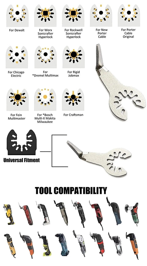 5-Pack 1 Inch Serrated Caulk Removal Blades for Oscillating Multitool showing compatibility with various brands