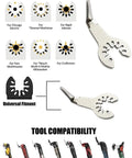 10 Pack 1 Inch Stainless Steel Serrated Caulking Scrapers For Oscillating Multi Tools shown with tool compatibility chart