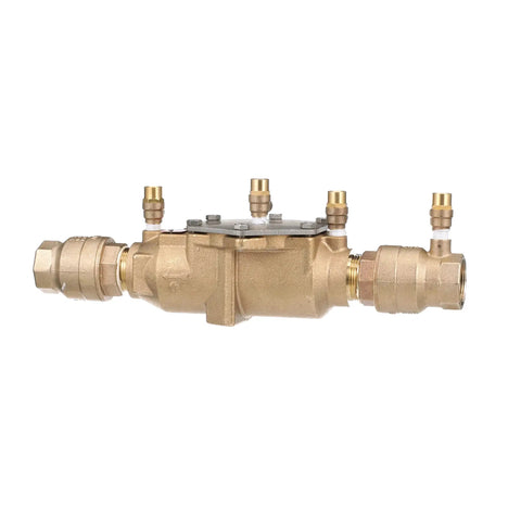 Lead Free Bronze Double Check Valve Assembly With Quarter Turn One And A Half Inch Replaceable Seats And Discs For Easy Affordable Repairs Compact Modular Design That Is Easy to Install No Special Tools Needed Top Mounted Test Cocks For Quick Checks, side view