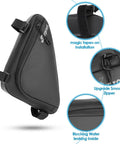 Road And Mountain Bike Tire Repair Kit With Waterproof Frame Bag showing black waterproof bag with smooth zipper and magic tape straps.