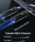 Dual USB A And USB C Portable SSD 256GB With 520MB/s Read And 450MB/s Write For iPhone 15 16 17 Mac Android Dope Fast Transfer 3 Stage Push Pull Design connected to laptop.
