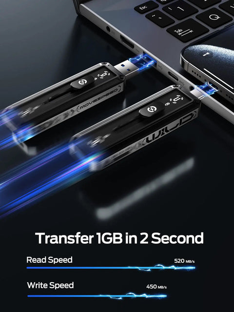 Dual USB A And USB C Portable SSD 256GB With 520MB/s Read And 450MB/s Write For iPhone 15 16 17 Mac Android Dope Fast Transfer 3 Stage Push Pull Design connected to laptop.