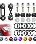 Universal bumper quick-release kit for cars with 4 black bumper tabs, mounting hardware, 12 O-rings, and colored end caps