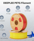 Image of DEEPLEE PETG filament spools in red and yellow with icons showing features like no tangle, high stability, and wear resistance.
