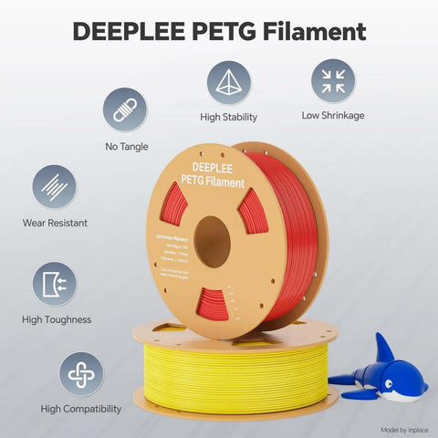 Image of DEEPLEE PETG filament spools in red and yellow with icons showing features like no tangle, high stability, and wear resistance.