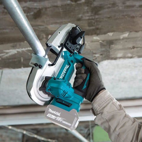 Compact 18V Cordless Brushless Portable Band Saw Featuring No Fuss Blade Setup Variable Speed Throttle And Rugged Aluminum Guide Rail in action cutting steel pipe.