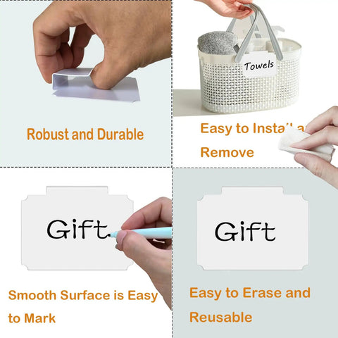 Erasable Label Holders Kit With 20 White PVC Bin Clips And 2 Chalk Markers showing easy installation and reusable features on baskets.
