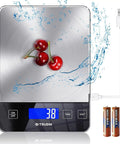 Smart 33 Lb Digital Kitchen Scale for Baking and Cooking with cherries on waterproof tempered glass and USB cable