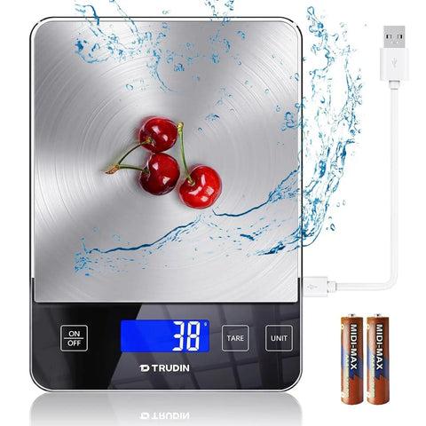 Smart 33 Lb Digital Kitchen Scale for Baking and Cooking with cherries on waterproof tempered glass and USB cable