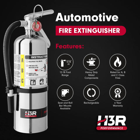 Hardcore Five Pound ABC Fire Extinguisher For Vehicle Marine Home Use With Refillable Dry Chemical Agent Mounting Bracket UL Listed USCG Approved Chrome Finish side view highlighting features
