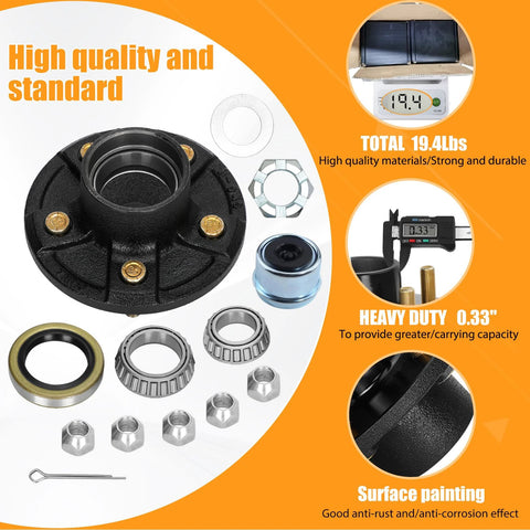 Front view of a 5-lug trailer hub kit for 4.5-inch tapered spindle; black hub with bearings, seals, and nuts.
