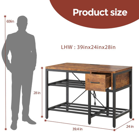 All In One 3D Printer Workstation With Filament Storage, Metal Table, Drawer, And Power Hub, metal frame and wood top, size guide
