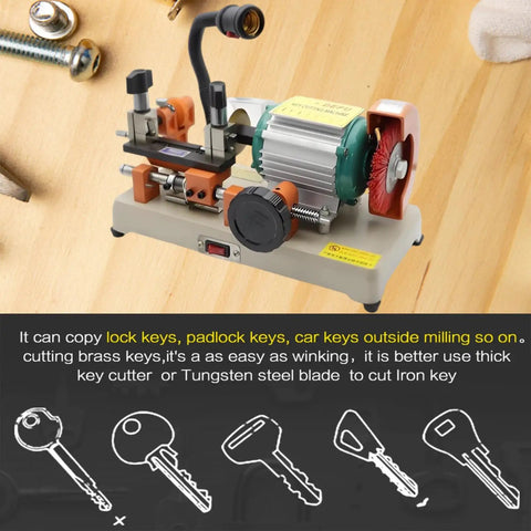 Pro Grade Key Cutting Machine With Horizontal Cutter Duplicating Capacity Heavy Duty Key Duplicator For Metal Keys All Copper Motor Precision Alignment Fast Reliable Perfect For Hardware Stores And Commercial Use displayed on a wooden surface