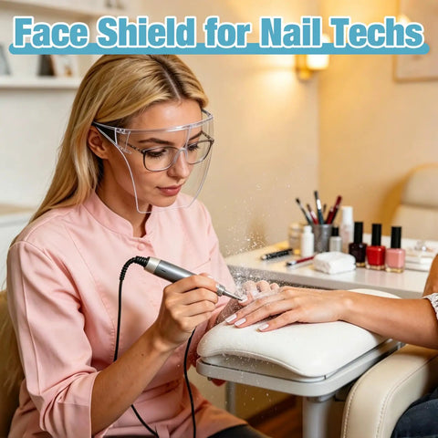 Nail technician wearing 4 Pack Anti Fog Full Face Shield With Glasses Set Clear See Through Goggles while working