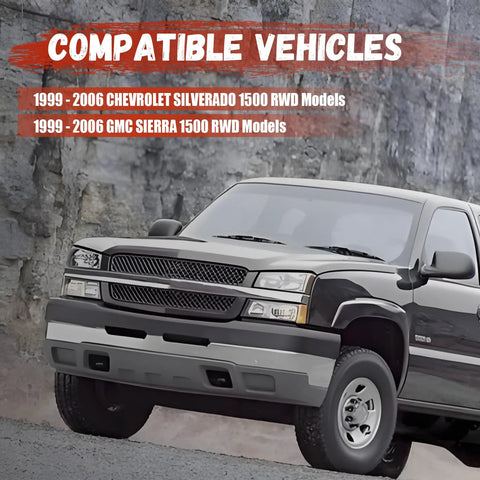 Front view of Chevy Silverado 1500, compatible with 12Pc Front End Suspension Kit With Upper And Lower Control Arms And Polyurethane Bushings For 1999 2006 Chevy Silverado 1500 And GMC Sierra 1500 RWD Upgrade To A Firmer, Smoother Ride, parked in rocky area.