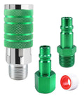 Heavy Duty One Half Inch Air Hose Fittings Kit With Quick Connect Coupler And Plugs, 300 PSI Industrial Iron, High Flow Set For Pneumatic Tools And Air Compressors, Built To Last, Includes Teflon Tape For Easy Install, green quick connect fittings and tape