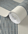Premium Traditional Wallpaper With A Subtle Linen Texture Built Tough For Busy Households Straight Up Smooth Matte Finish PVC Free Zero Harmful Chemicals Easy Paste Setup, showing textured navy striped design.
