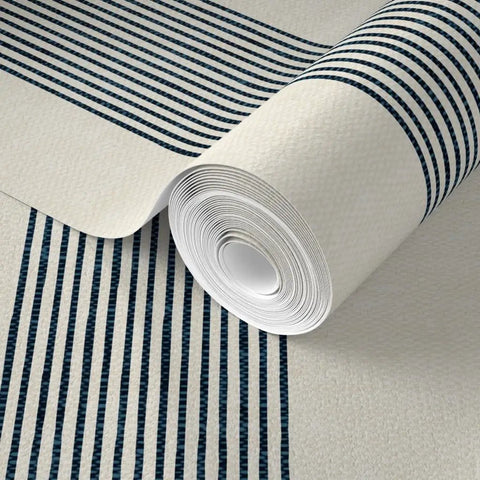 Premium Traditional Wallpaper With A Subtle Linen Texture Built Tough For Busy Households Straight Up Smooth Matte Finish PVC Free Zero Harmful Chemicals Easy Paste Setup, showing textured navy striped design.