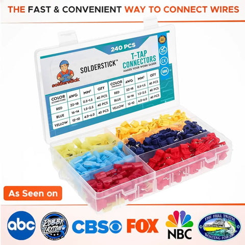 T-Tap Wire Connectors Kit With Stainless Steel Spring For Quick Splice And Snap-On Terminals Fast Electrical Connectors For Automotive And Home Wiring Copper Wire Connections 240 Pack in a clear plastic box