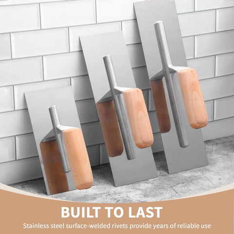 3 Piece Drywall Trowel Set Pro Grade Stainless Steel Masonry Finishing Trowels With 14x4 12x4 8x3 Inch Blades Lightweight Wooden Handle
