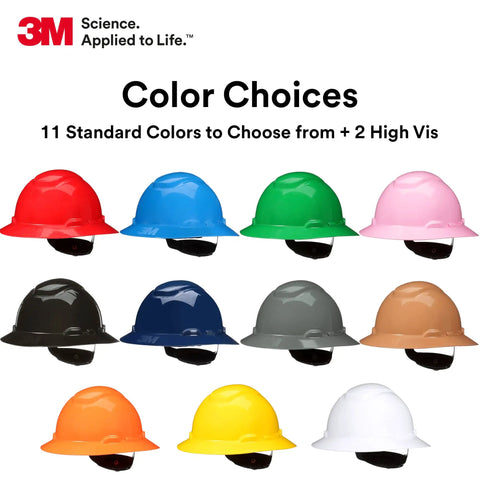 Vented Full Brim Hard Hat With UV Indicator Sensor ANSI Z87.1 Certified shown in 11 standard colors and 2 high visibility options.