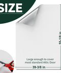 Heavy Duty Three Layer Aluminum Foam Insulation Cover For Attic Stairs And Ceiling Vents Blocks Cold Drafts Keeps Your Place Comfy Fits Up To 39 By 55 Inches displayed with scissor cutting size dimensions.
