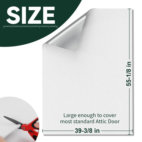 Heavy Duty Three Layer Aluminum Foam Insulation Cover For Attic Stairs And Ceiling Vents Blocks Cold Drafts Keeps Your Place Comfy Fits Up To 39 By 55 Inches displayed with scissor cutting size dimensions.