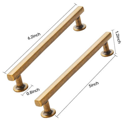 Straight Up Heavy Duty Cabinet Pulls Top Shelf Antique Brass Finish 5 Inch chunky square drawer handles with dimensions shown.