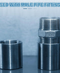 Front view of two-piece 304 stainless steel pipe coupling, 2x2 in, BSPT female thread, silver; shows male threaded end