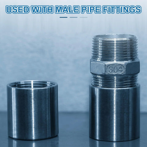 Front view of two-piece 304 stainless steel pipe coupling, 2x2 in, BSPT female thread, silver; shows male threaded end