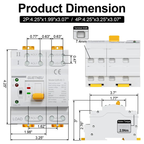 Automatic Manual Dual Power Transfer Switch For 4 Pole 63 Amp 110 Volt Systems With Ultra Fast Switching Under 50 Milliseconds Keeps Critical Gear Online And Data Safe For Your Backup Power. dimensions, 4-pole PA6 DIN rail switch
