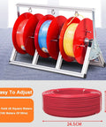 Rock Solid Stainless Steel Cable Reel Holder And Heavy Duty Wire Spool Rack Dispenser with three red spools and adjustable features.